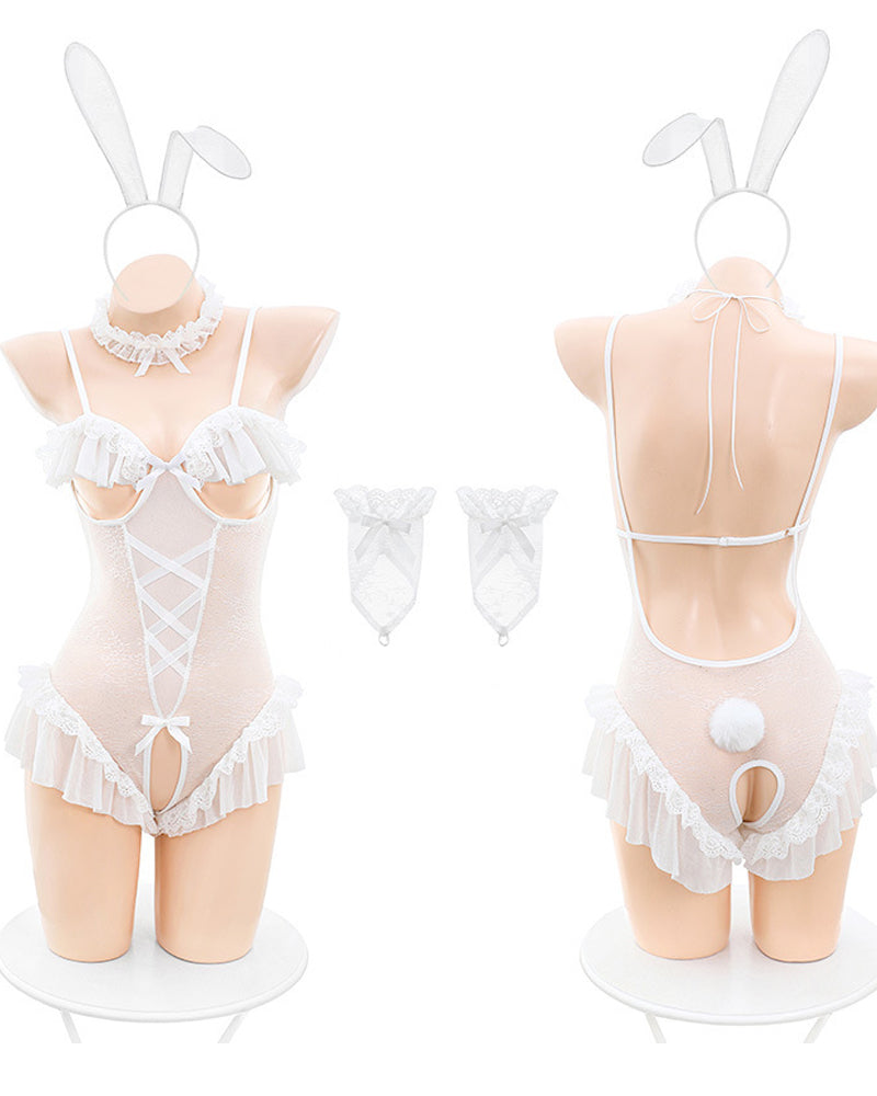 Sexy Bunny Girl Open Crotch See-through Lace Bodysuit Set