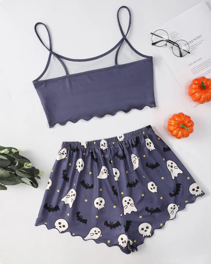 Halloween Fun Print Sleeveless Tank Top and Shorts Loungewear Set