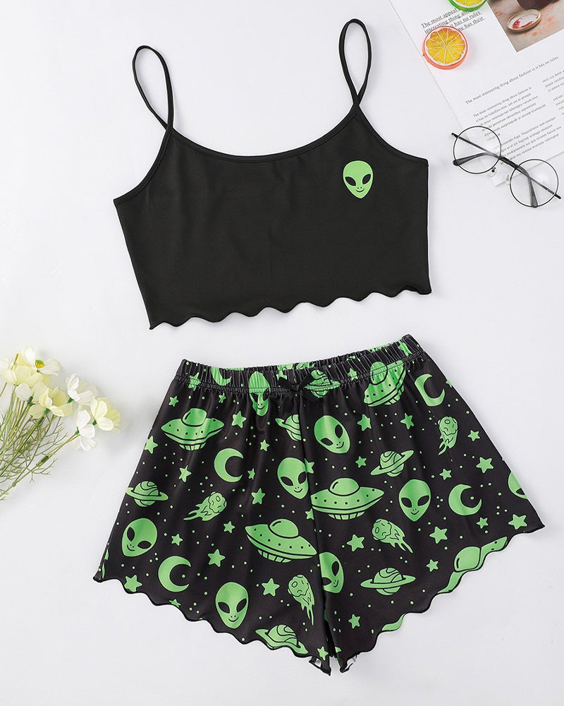 Halloween Fun Print Sleeveless Tank Top and Shorts Loungewear Set