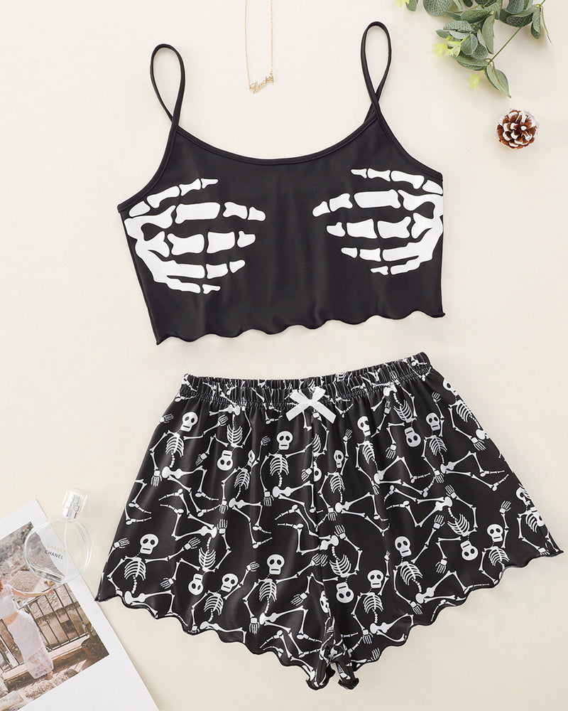 Halloween Fun Print Sleeveless Tank Top and Shorts Loungewear Set