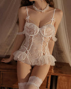 Sexy Lace Deep V Steel Ring Gathered Hollow Open Crotch One-piece Pajamas