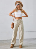 Adjustable Drawstring Washed Denim Cargo Pants