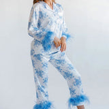 Blue Floral Print Satin Pajama Set