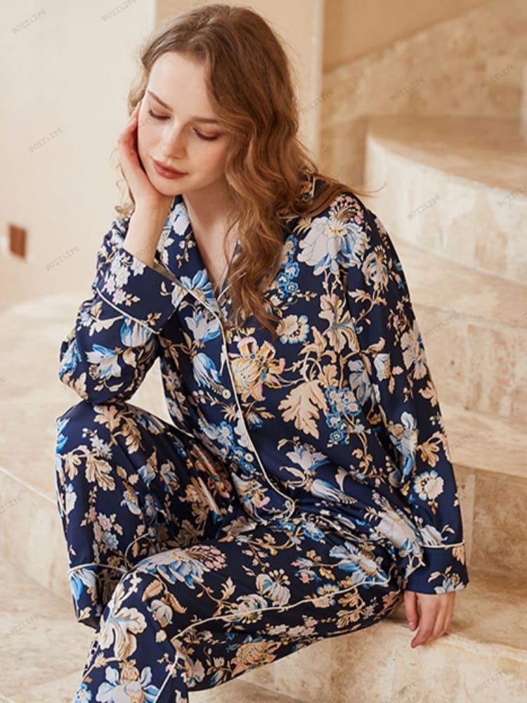 Begonia Flower Print Long-Sleeve Pajama Loungewear Set
