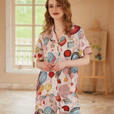 Hot Air Balloon Print Ice Silk Open-Front Short-Sleeve Pajama Set