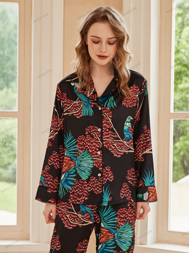 Bird of Paradise Pattern Ice Silk Long Sleeve Pajama Set