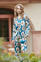 Blue Floral Pattern Long Sleeve Loungewear Set