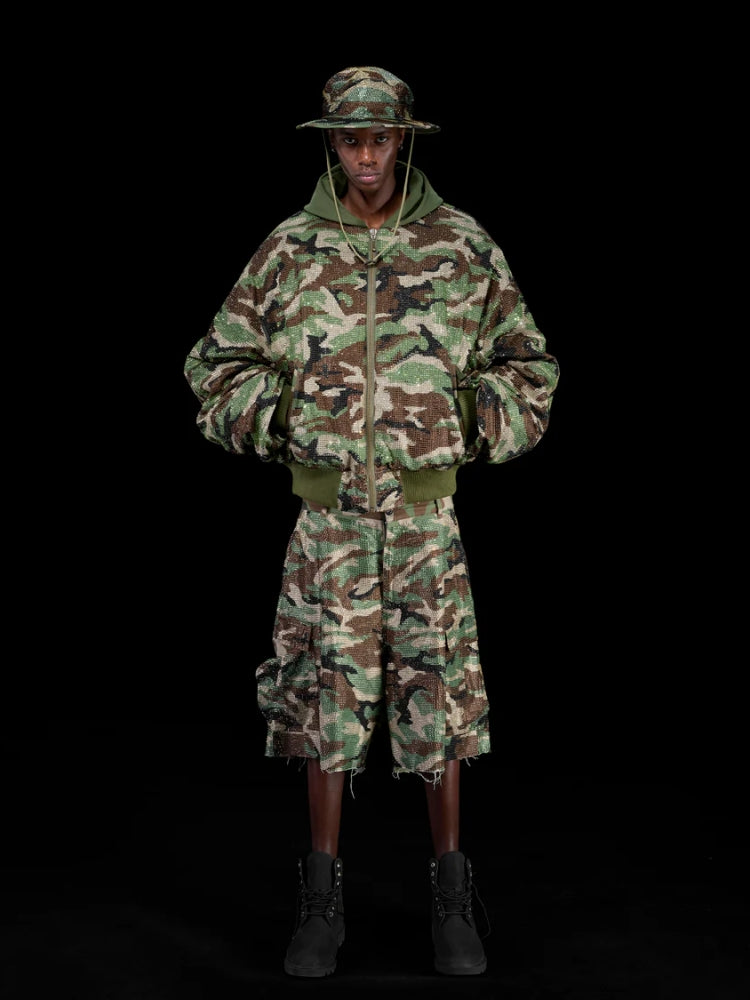 Camo Rhinestone Aviator Puffer Jacket