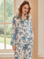 Parrot Print Ice Silk Long-Sleeve Pajama Loungewear Set