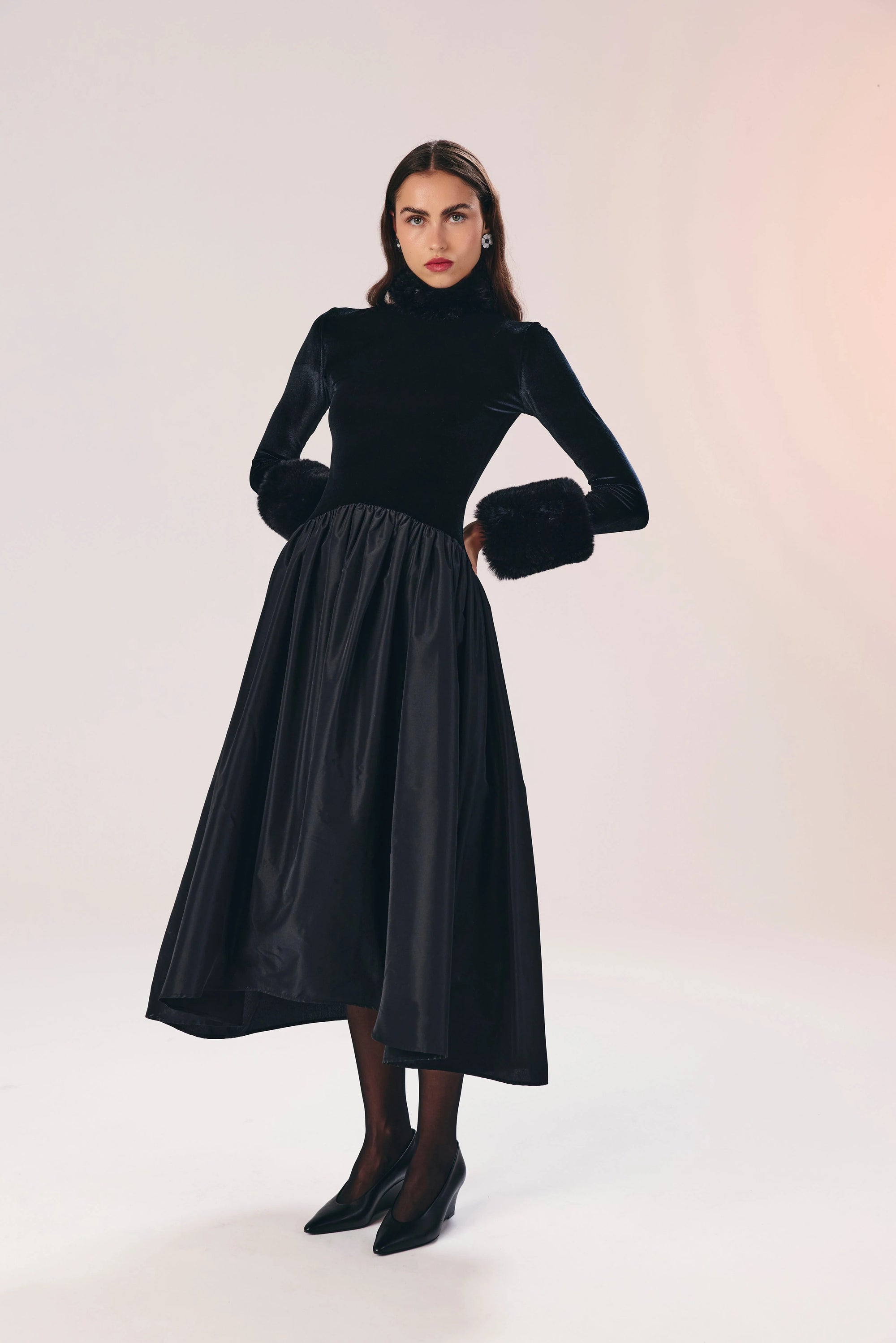 Opulent Velvet Satin Fur-Cuff Midi Dress