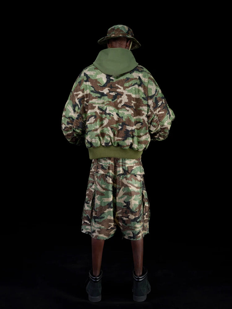 Camo Rhinestone Aviator Puffer Jacket