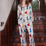 Fringed Pattern Ice Silk Long Sleeve Loungewear Set