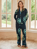 Octopus Print Ice Silk Long-Sleeve Pajama Loungewear Set