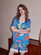Stationery Print Casual Short-Sleeve Loungewear Set - Blue