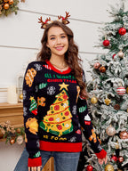 Casual Crewneck Embroidered Christmas Tree Sweater