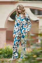 Blue Floral Pattern Long Sleeve Loungewear Set