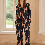 Black Giraffe Print Long-Sleeve Pajama Set