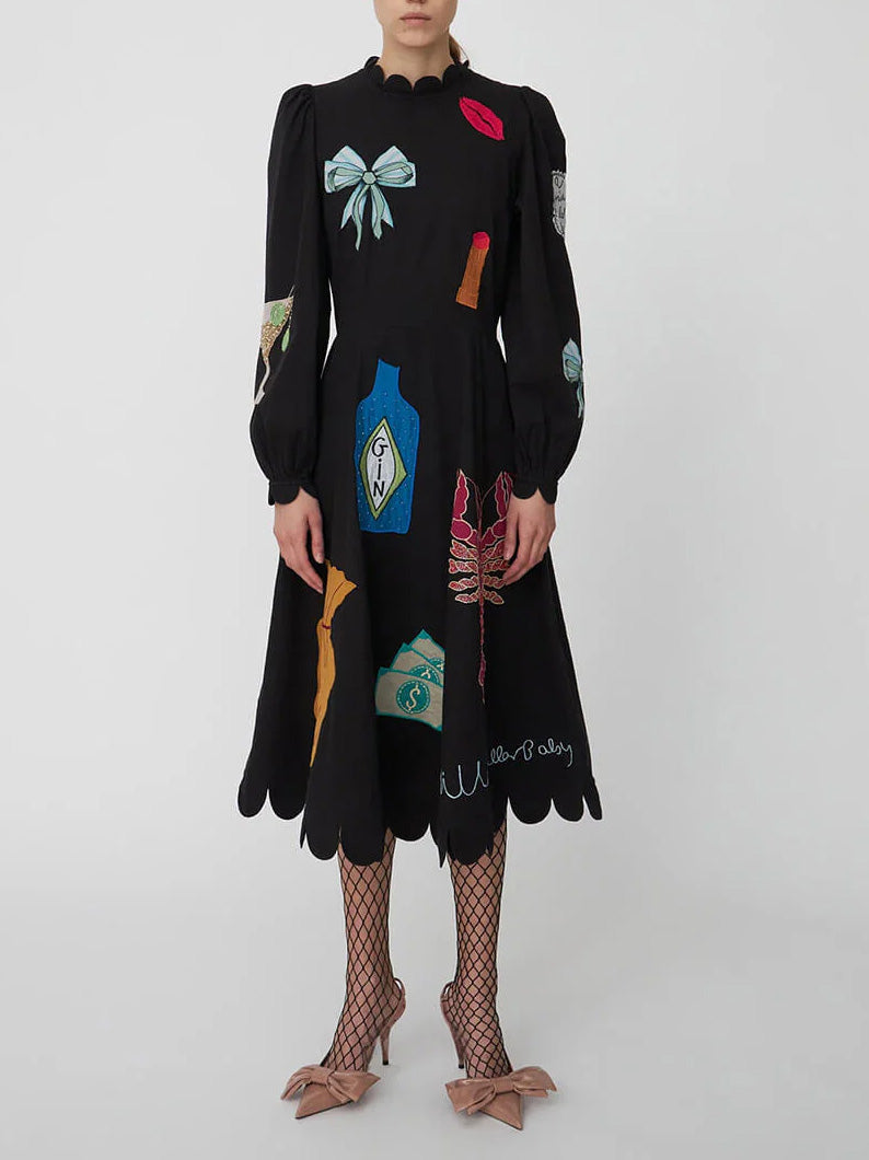 Robe midi à volants en coquille Saint-Jacques avec graffiti de homard