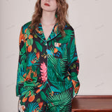 Tiger and Monkey Print Ice Silk Long-Sleeve Loungewear Set