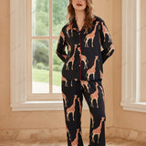 Black Giraffe Print Ice Silk Long-Sleeve Pajama Set