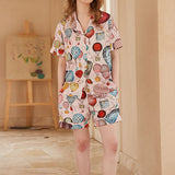 Hot Air Balloon Print Open-Front Short-Sleeve Pajama Set