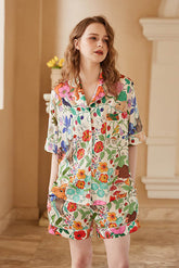 White Forest Garden Print Short Loungewear Set