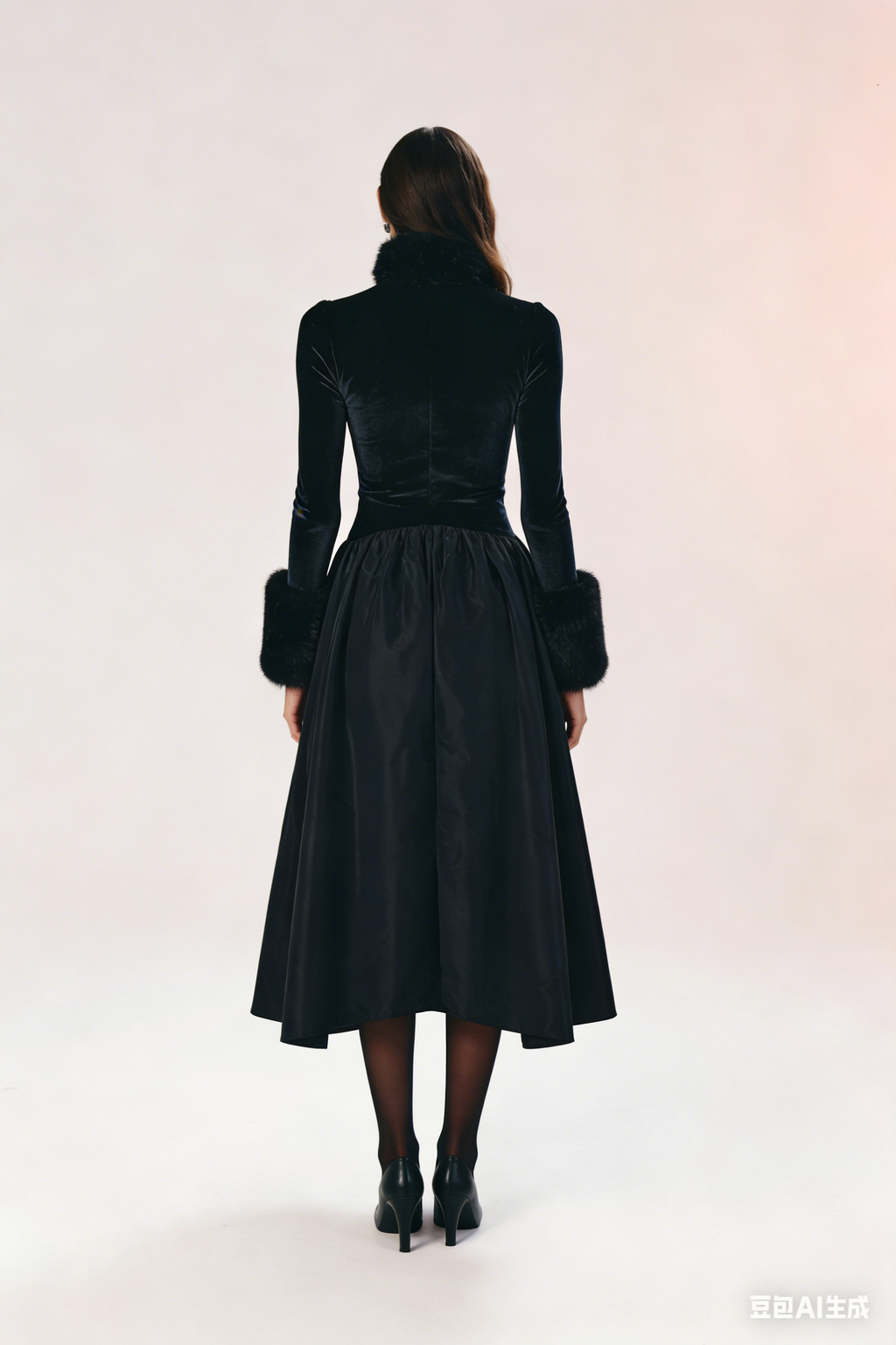 Opulent Velvet Satin Fur-Cuff Midi Dress