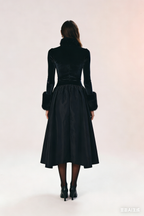 Opulent Velvet Satin Fur-Cuff Midi Dress