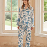 Parrot Print Ice Silk Long-Sleeve Pajama Loungewear Set