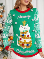 Christmas Long Sleeve Cat Appliqué Round Neck Sweater