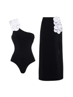 3D Floral One-Shoulder Black Swimsuit
