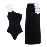 3D Floral One-Shoulder Black Swimsuit