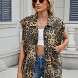 Loose-Fit Leopard Print Denim Vest