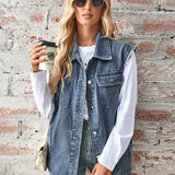 Washed Denim Sleeveless Cardigan