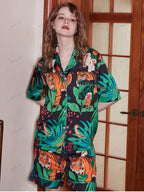 Tiger and Monkey Print Ice Silk Short-Sleeve Loungewear Set