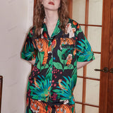 Tiger and Monkey Print Ice Silk Short-Sleeve Loungewear Set