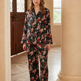 Jaguar and Floral Print Ice Silk Long-Sleeve Loungewear Set