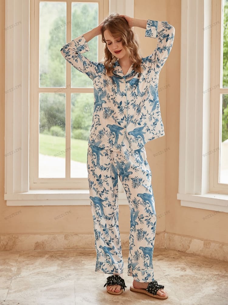 Parrot Print Ice Silk Long-Sleeve Pajama Loungewear Set