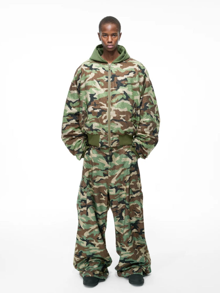 Camo Rhinestone Aviator Puffer Jacket