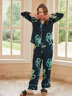 Octopus Print Ice Silk Long-Sleeve Pajama Loungewear Set