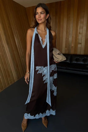 Contrast Lace Halter Neck Skirt Set