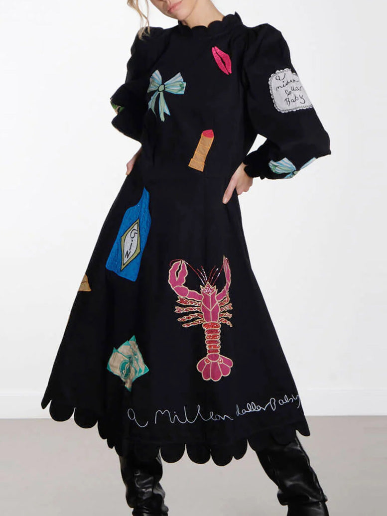 Robe midi à volants en coquille Saint-Jacques avec graffiti de homard
