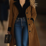 【24-hour shipping out】Casual Loose Vintage Caramel Suede Black Lapel Single Breasted Coat