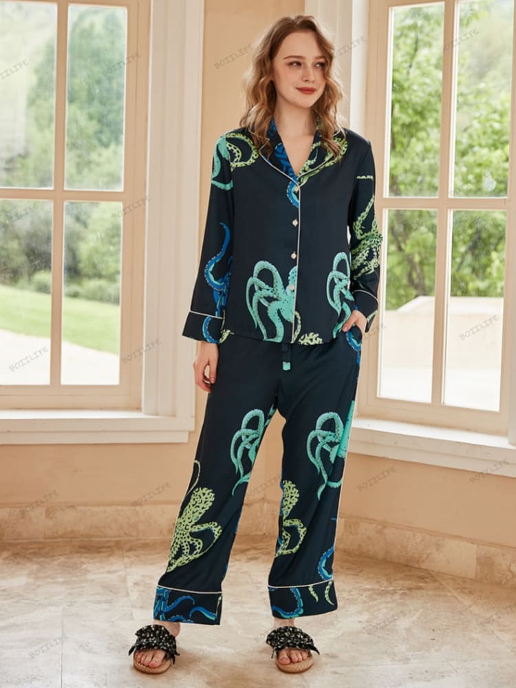 Octopus Print Ice Silk Long-Sleeve Pajama Loungewear Set
