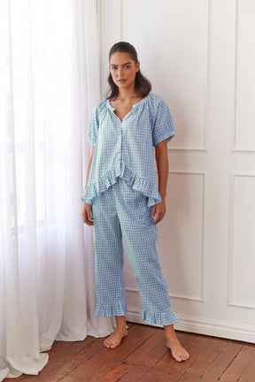 Casual Ruffled Plaid Print Shirt Pajama Set