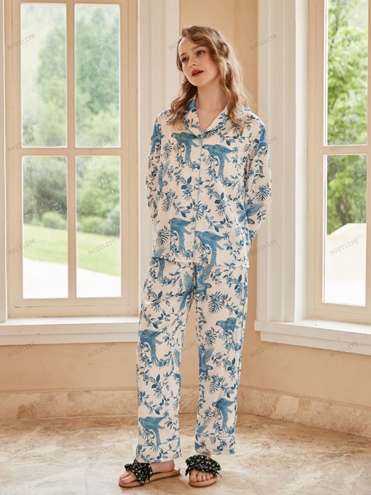Parrot Print Ice Silk Long-Sleeve Pajama Loungewear Set