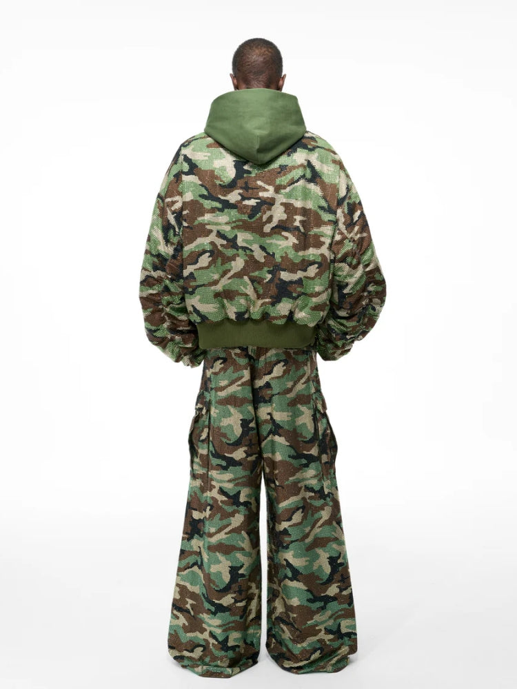 Camo Rhinestone Aviator Puffer Jacket