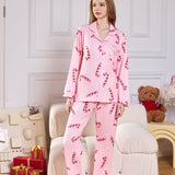 Pink Candy Cane Print Satin Long PJ Set