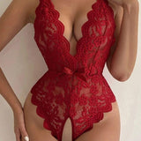 Deep V Sexy Translucent Floral Lace Cross-Back Open Crotch Design One-Piece Pajamas