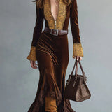 Fashionable Retro Lace Half-Zip Cocoa Brown Velvet Fishtail Dress